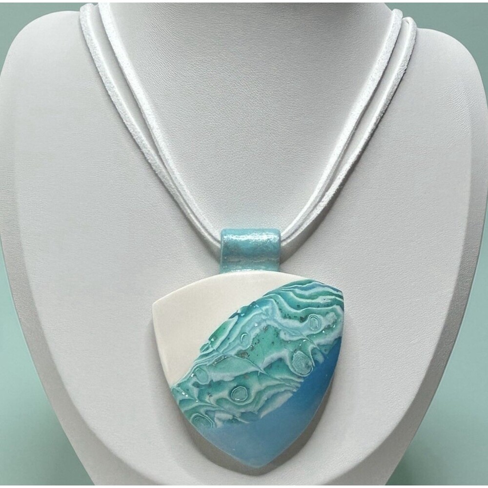 Artisan Swirl Blue & Green Polymer Clay Pendant Necklace Stainless Steel Clasp